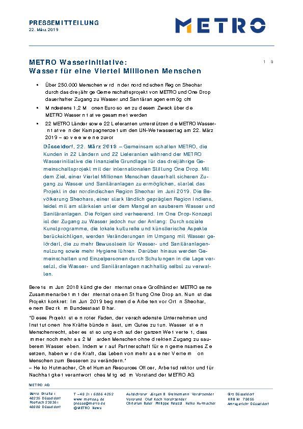 METRO Pressemitteilung - METRO Wasser Initiative