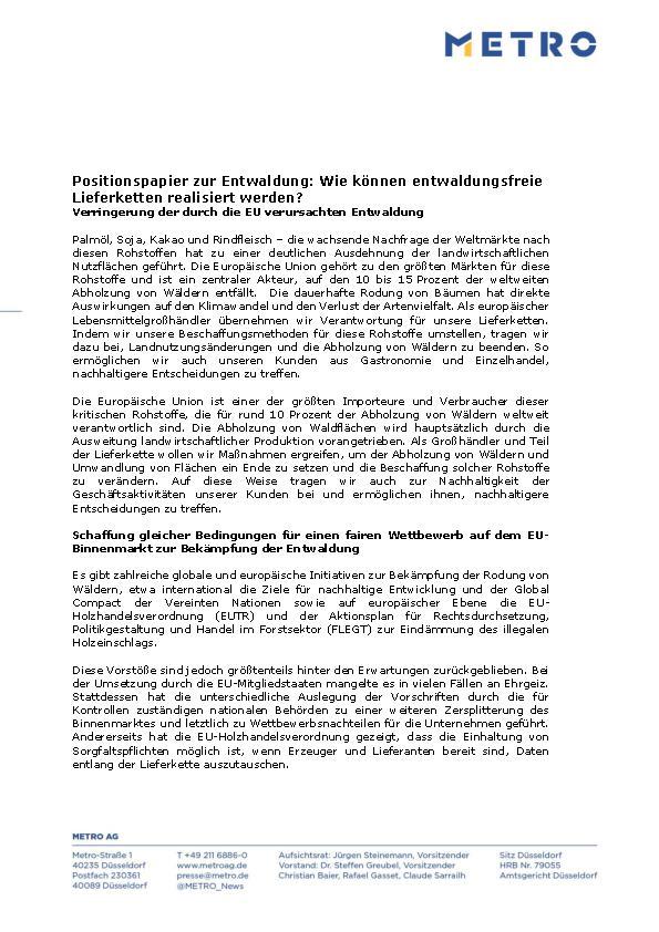 METRO Positionspapier zu entwaldungsfreien Produkten und Lieferketten