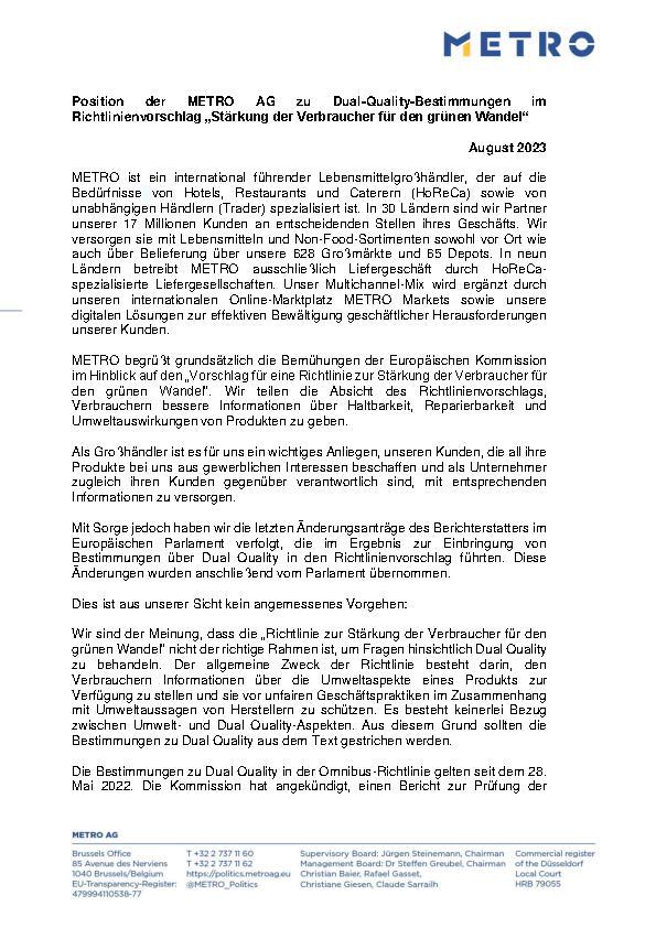 METRO Position zu Dual-Quality-Bestimmungen