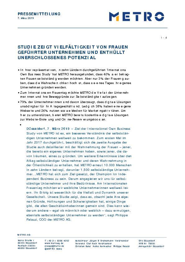 METRO Pressemitteilung - Studie zu Frauen & Selbstständigkeit 2019