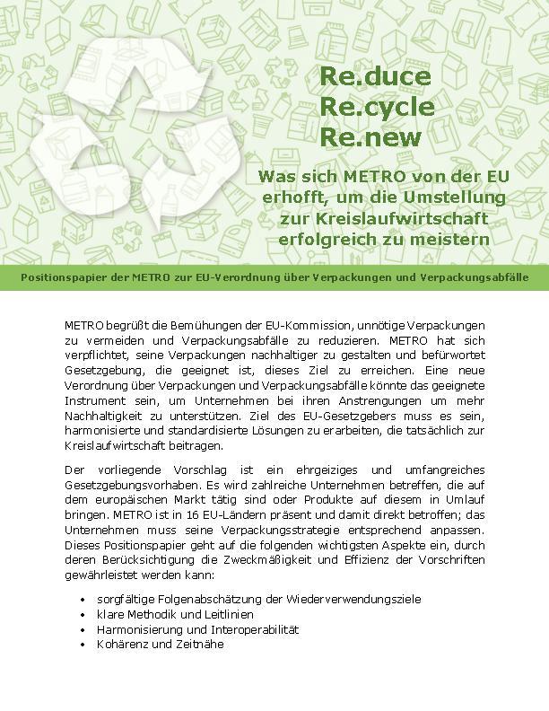 METRO Positionspapier | EU-Verordnung über Verpackungen und Verpackungsabfälle