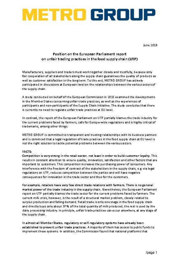 METRO Position on UTPs