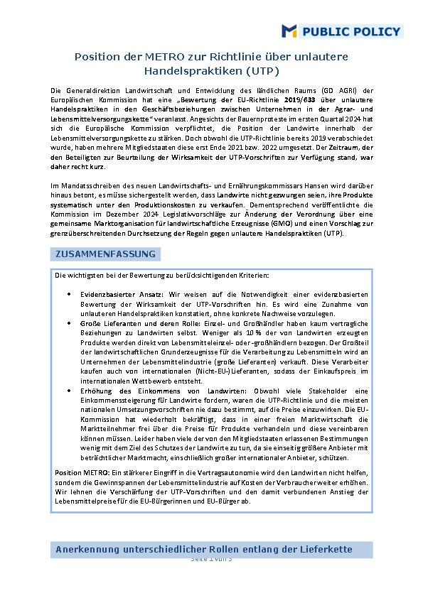 METRO Position zur Richtlinie über unlautere Handelspraktiken (UTP)