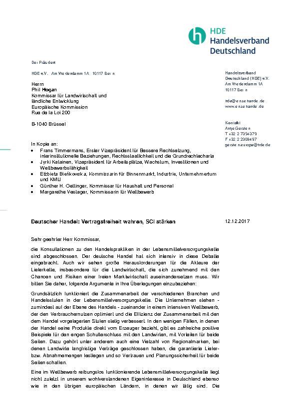 Brief des HDE und fünf deutscher CEOs an Phil Hogan